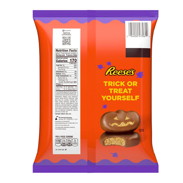 REESE'S Milk Chocolate Snack Size Peanut Butter Pumpkins, Halloween Candy Jumbo Bag, 16.2 oz