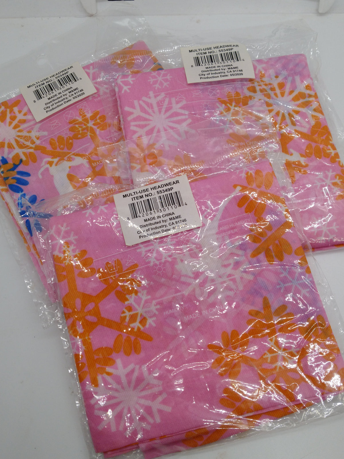 Lot of 3 M&ME Multi-Use Headwear Neck Gaiter Pink Snowflake Reindeer 55349P