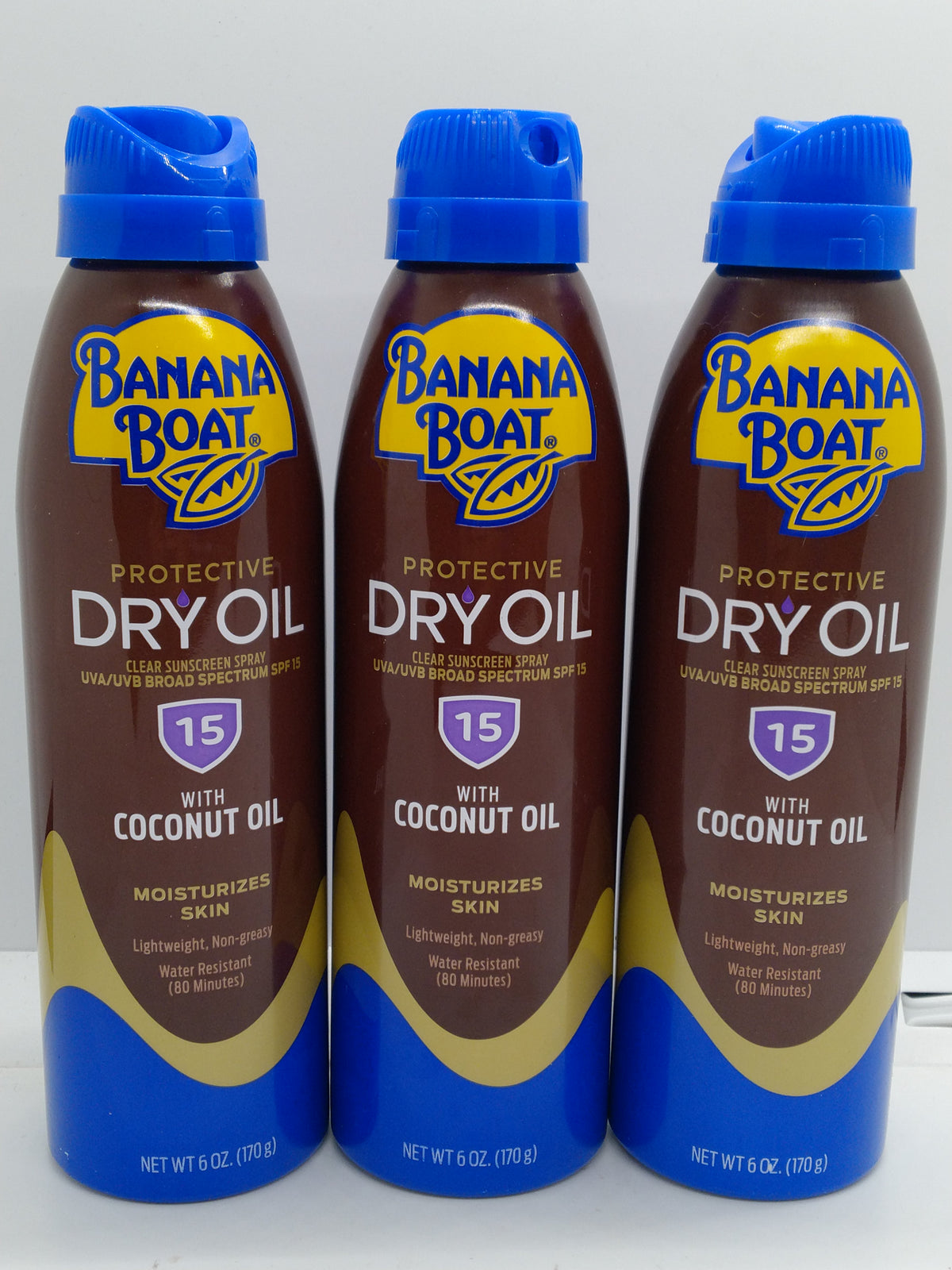 Banana Boat Dry Oil Sunscreen Spray SPF 15 6oz Coconut Lot of 3 Exp 11/01/2027