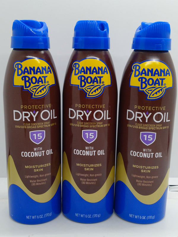 Banana Boat Dry Oil Sunscreen Spray SPF 15 6oz Coconut Lot of 3 Exp 11/01/2027