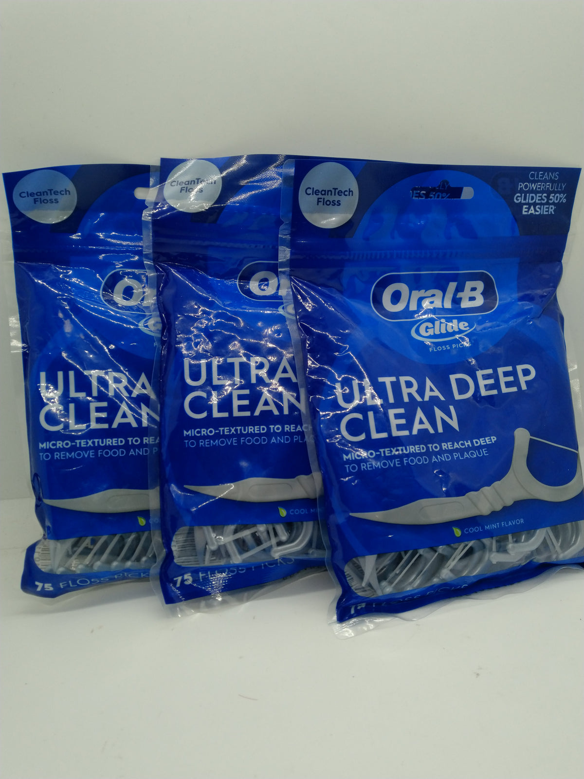 Oral-B Glide Ultra Deep Clean Floss Picks Cool Mint 75 Count - Lot of 3 (225