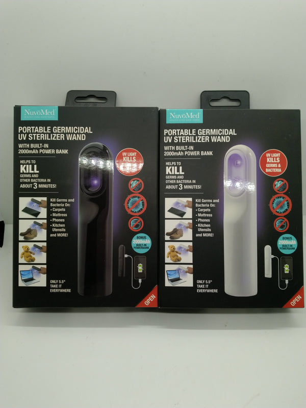 Lot of 2 NuvoMed Portable UV Sterilizer Wands w/ 2000mAh Power Bank White &