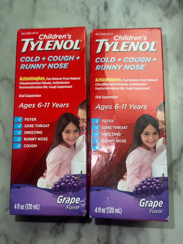 2 Pack Children's Tylenol Cold + Cough + Runny Nose Grape 4 fl oz Exp 07/2027