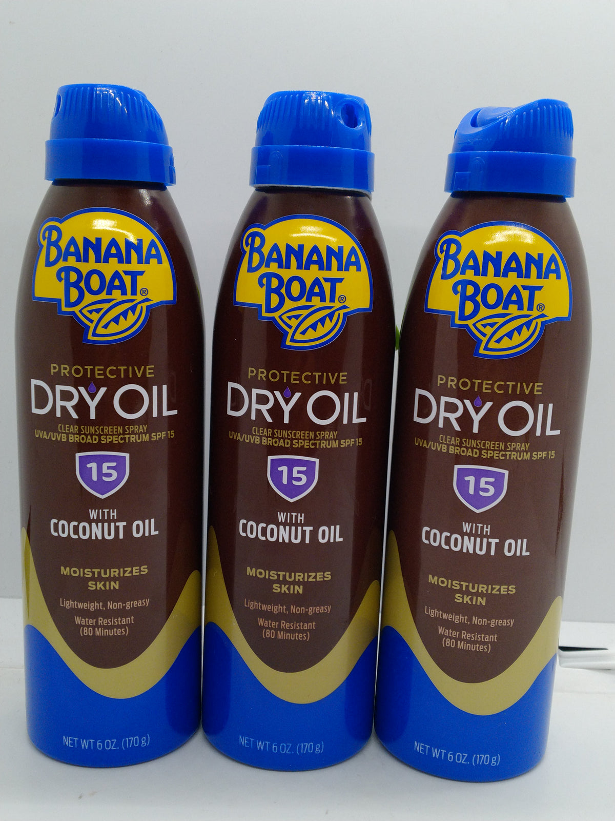 Banana Boat Dry Oil SPF 15 Coconut Sunscreen Spray 6oz Lot of 3 Exp 02/01/2028