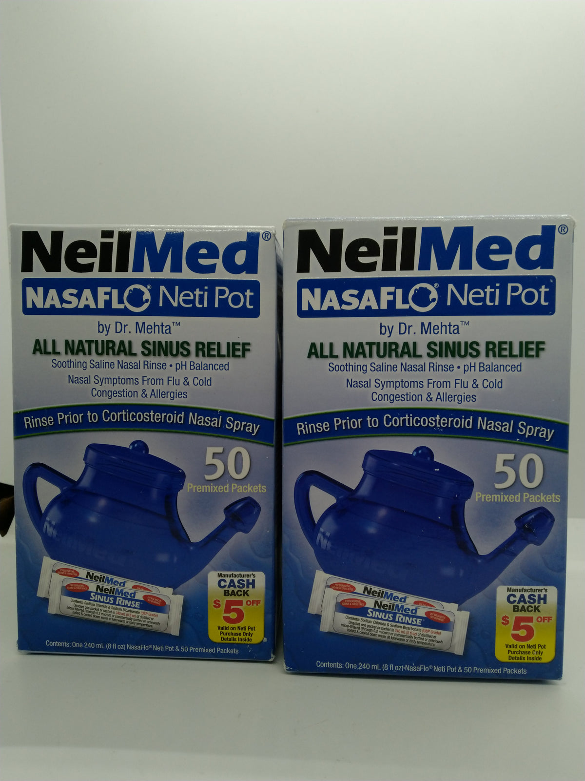 2 Pack NeilMed NasaFlo Neti Pot 50 Premixed Packets Sinus Rinse Exp 09/01/2027