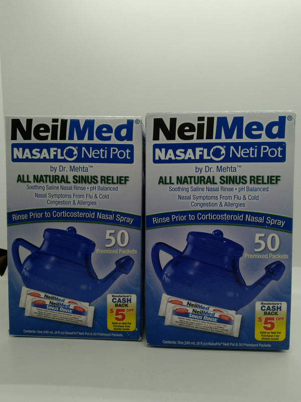 2 Pack NeilMed NasaFlo Neti Pot 50 Premixed Packets Sinus Rinse Exp 09/01/2027