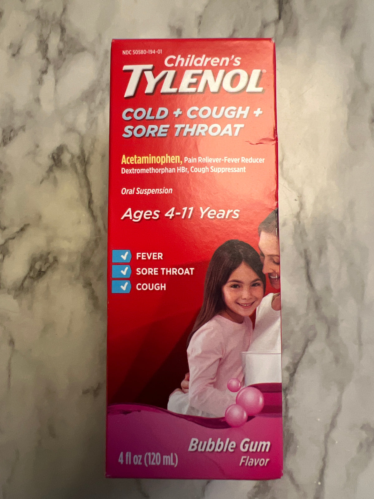 Children's Tylenol Cold + Cough + Sore Throat Bubble Gum 4 oz Exp 07/2027