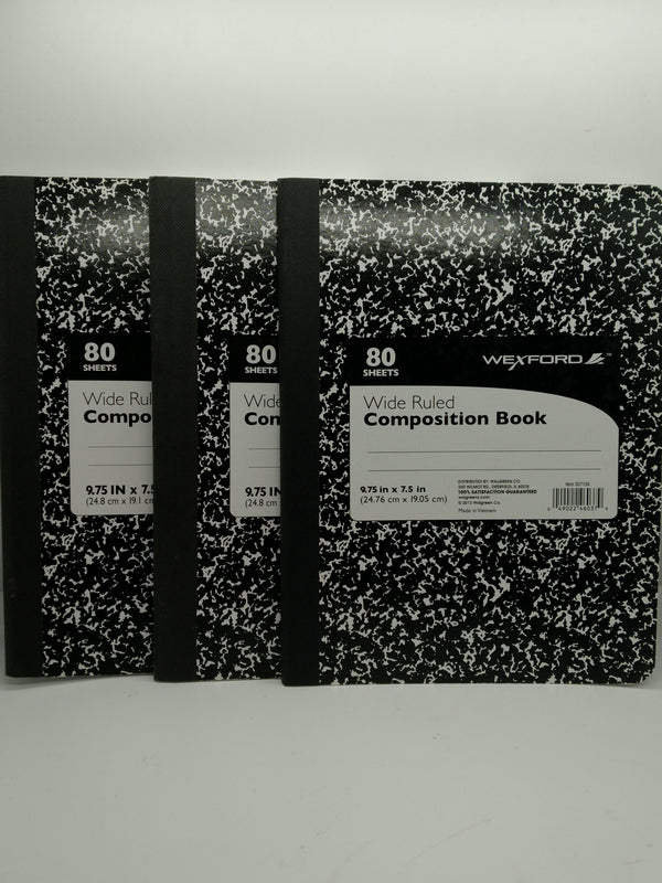 Wexford Wide Ruled Composition Book Lot of 3 - 80 Sheets 9.75 x 7.5 in Black